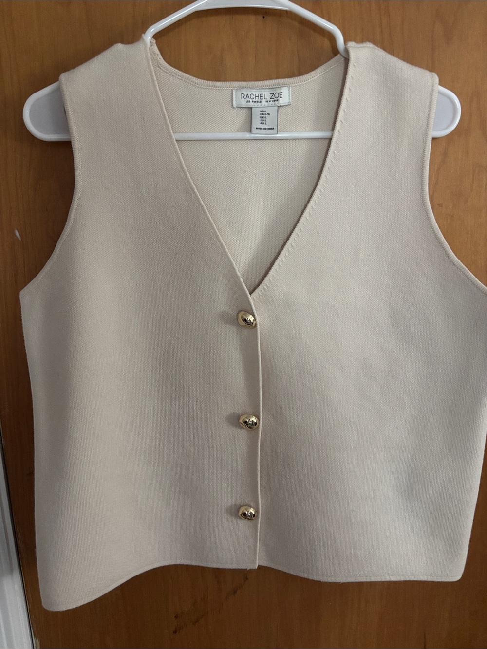 Rachel Zoe Cream Sleeveless V-Neck Knit Vest with Gold Buttons